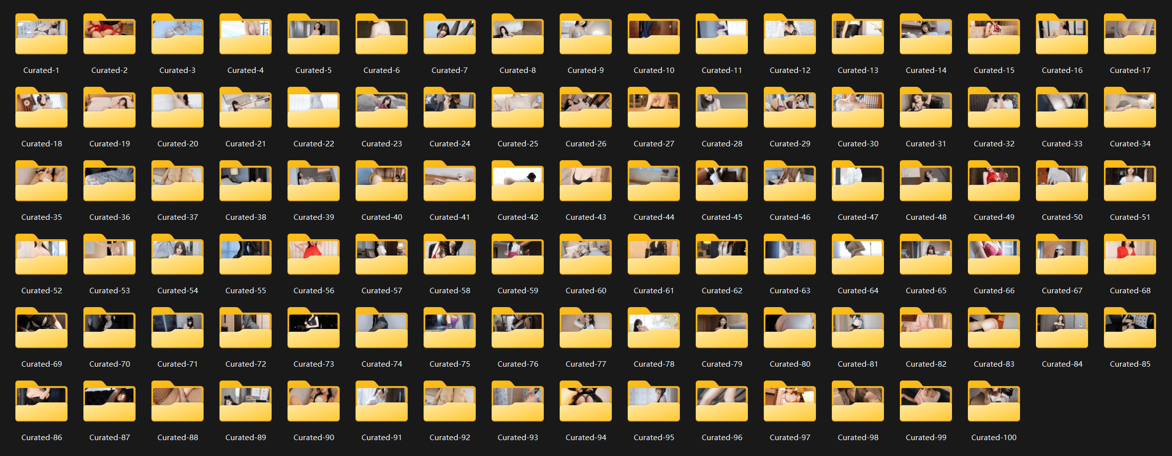 100 sequentially numbered yellow curated digital folders with boudoir photography preview thumbnails, displayed in a dark mode file browser interface.
