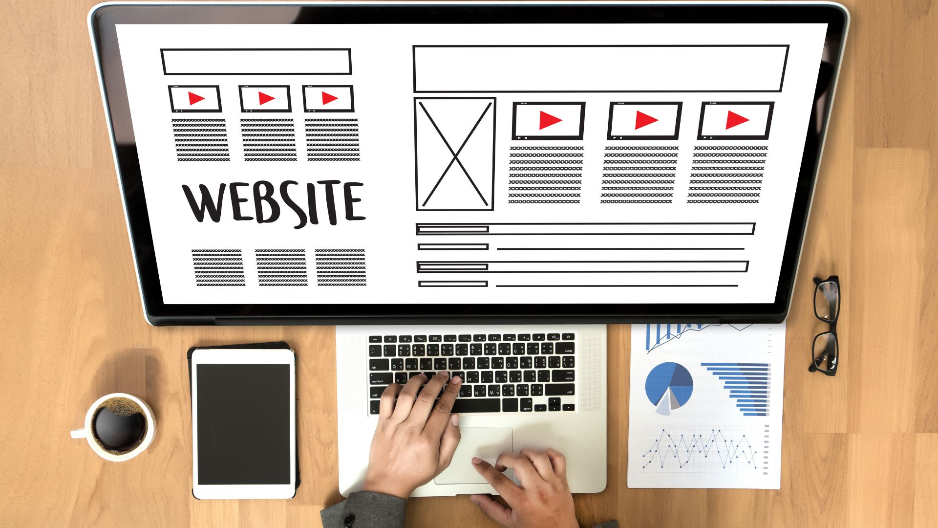 Man’s hands on a laptop with a wireframe of a basic website, symbolizing first steps in website creation for small businesses or job seekers.