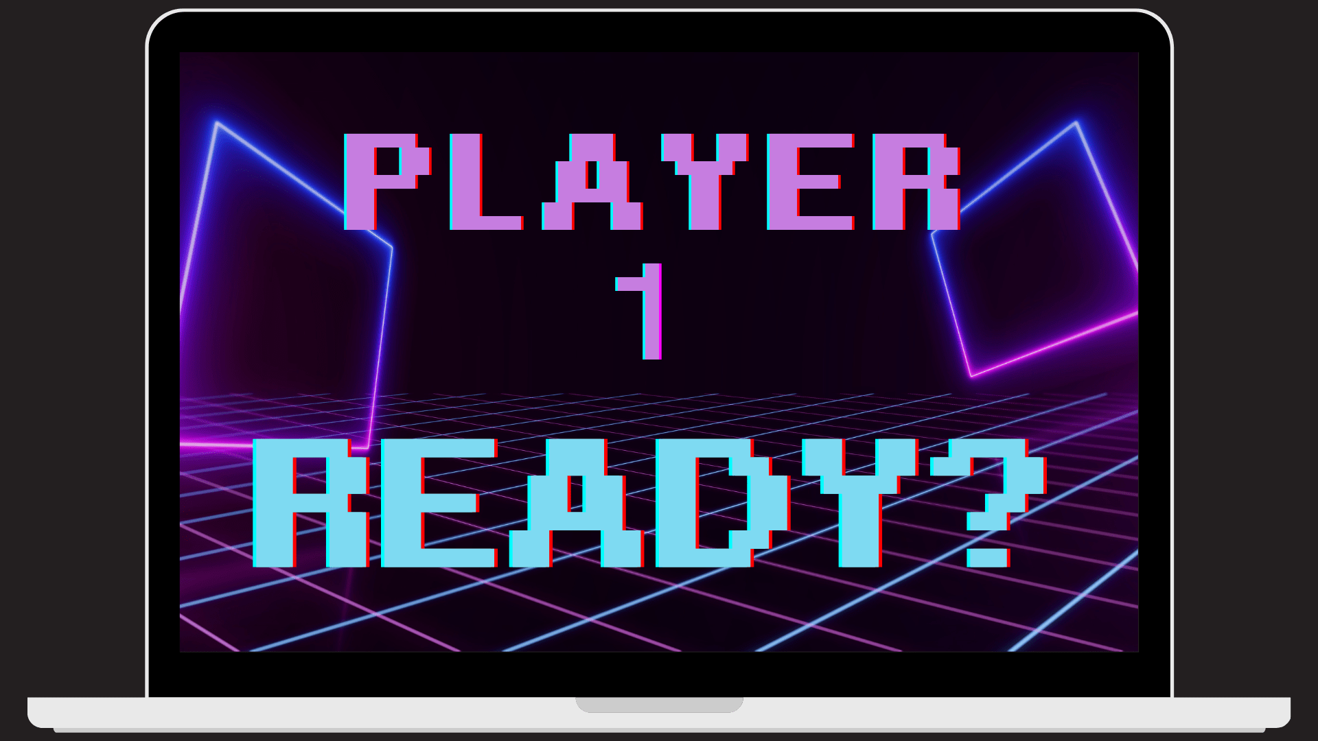 Laptop with a glowing 1980s neon background displaying 'Player 1 Ready?' in eight-bit font.