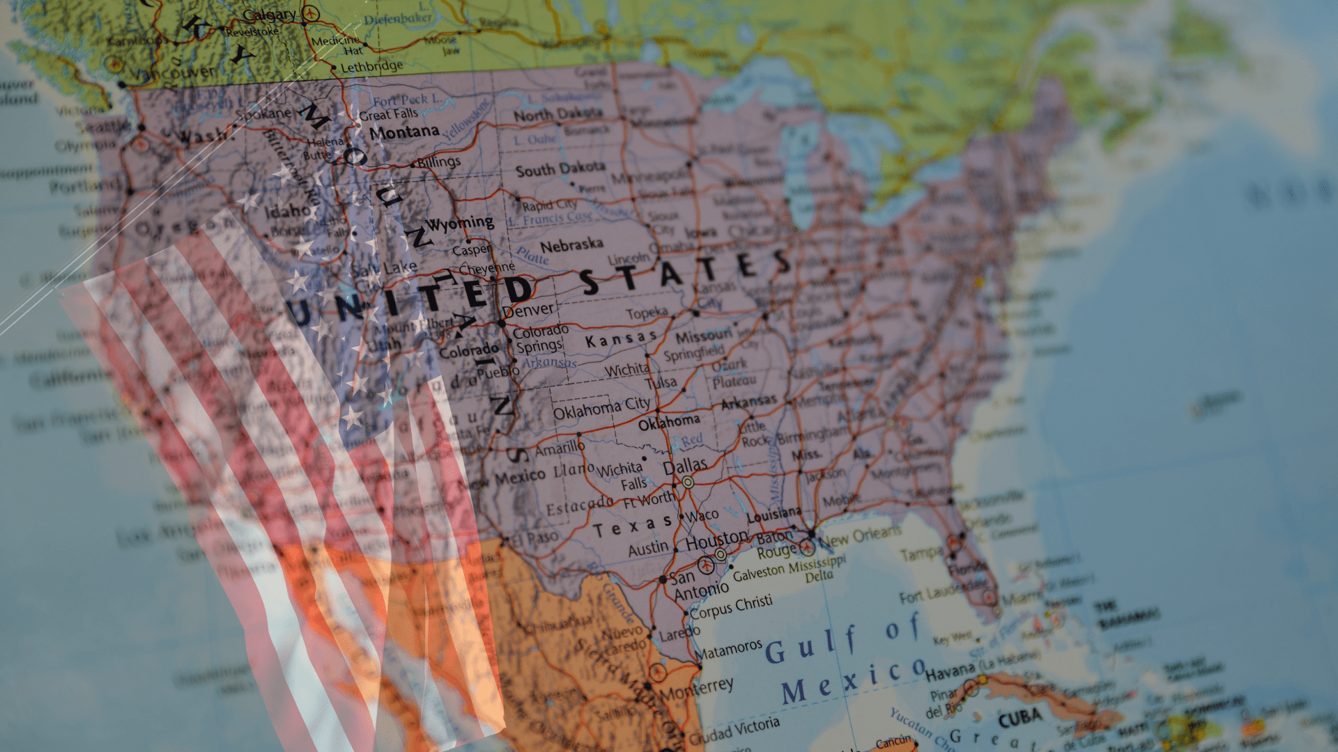 Map of the United States with an overlaid American flag design.