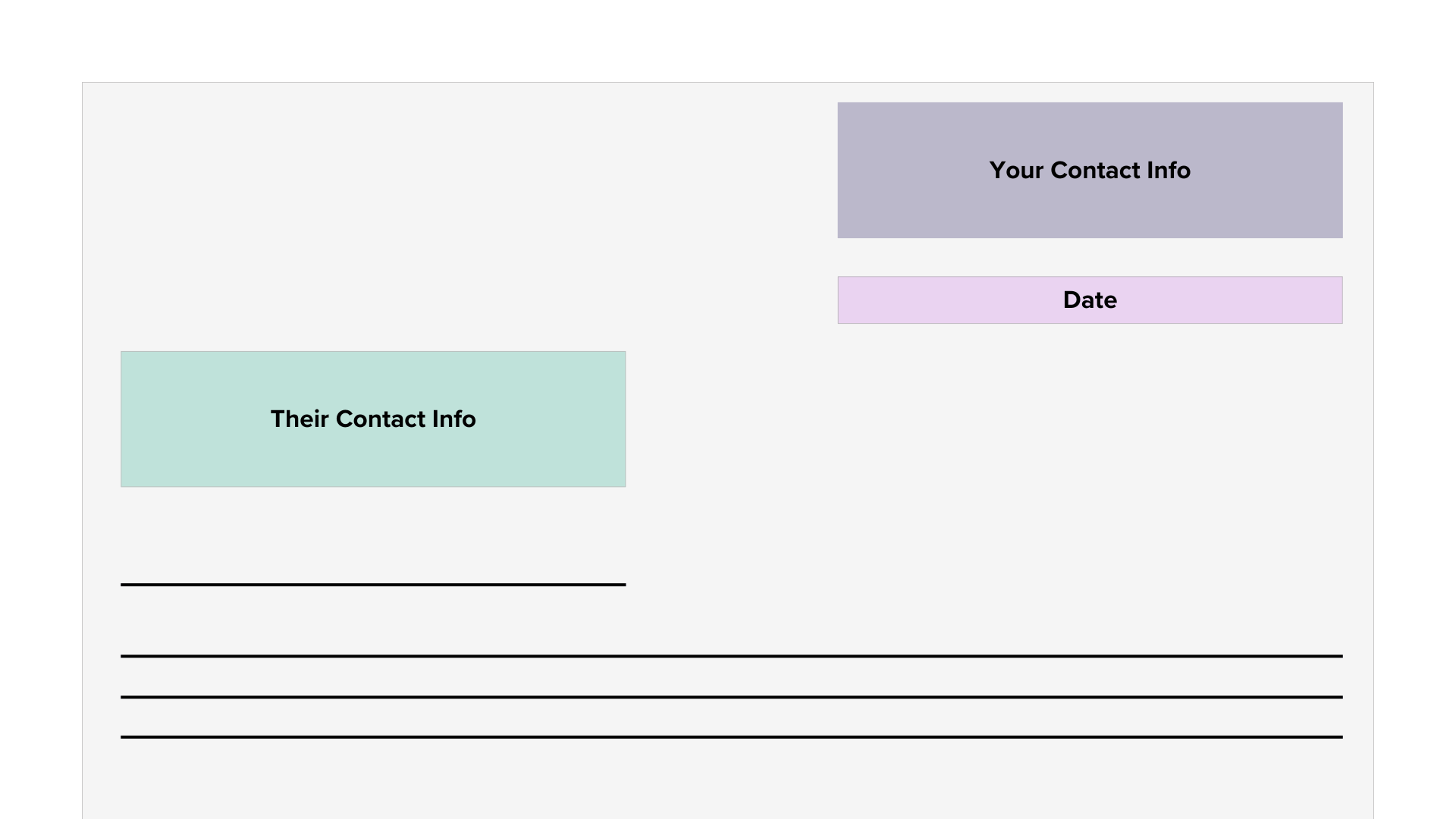 Wireframe design of a modern cover letter layout featuring sections for your contact info, the recipient's contact info, date, and structured body content for clarity and professionalism.
