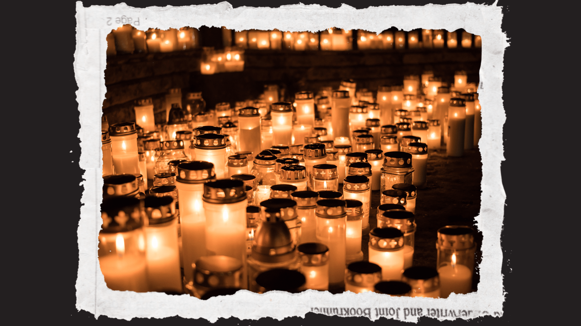 Rows of lit candles glowing in the dark, surrounded by torn newspaper pieces on a black background.