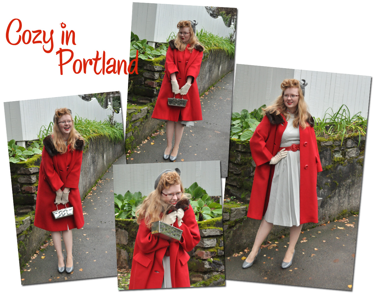An attempt at doing a poodle hair do with a vintage grey dress, vintage red wool coat, vintage grey hat, thrifted grey shoes.