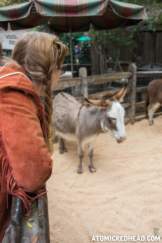 Myself, wearing a fringe leather jacket leaning over a fence looking at a burro.