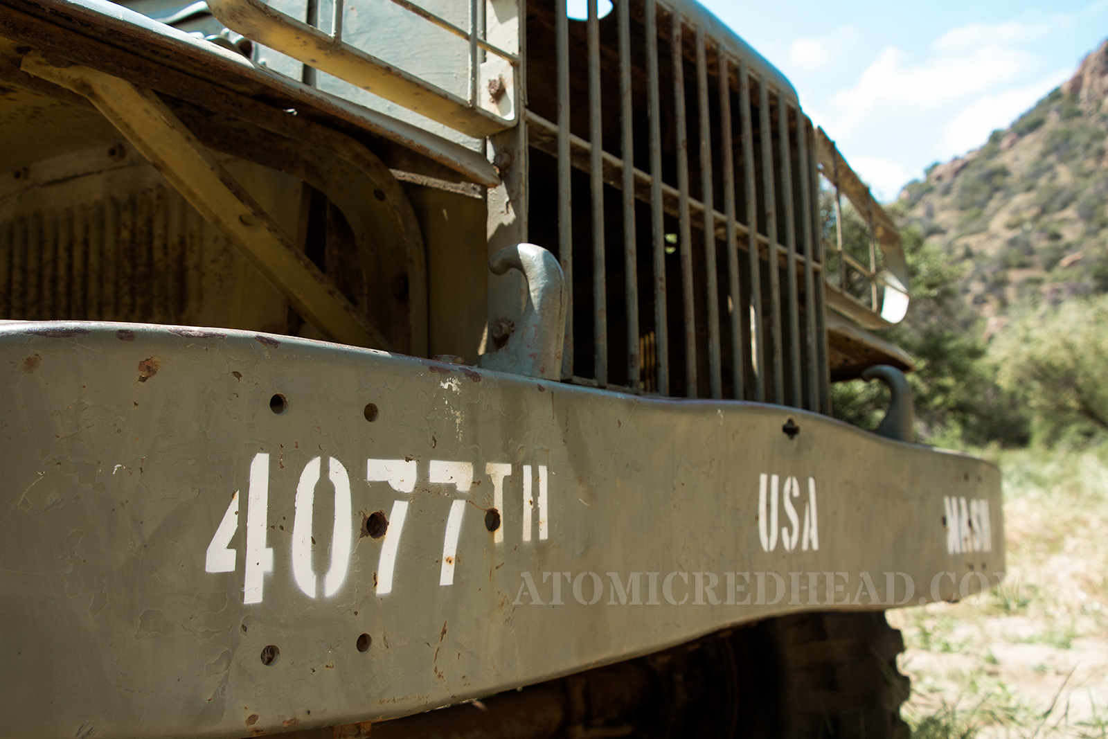 Close up of the bumper of the painted ambulance with "4077th"