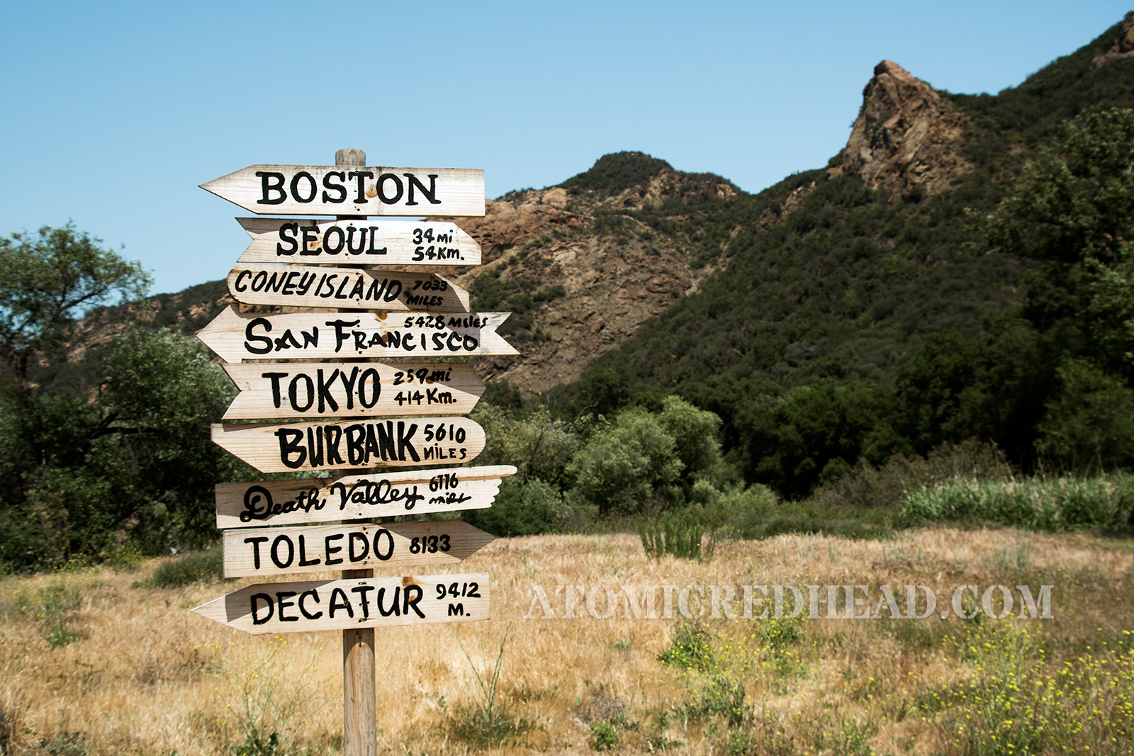 The notable sign post, reading where places, including where some characters were from, and how far to those places - Boston, Seoul, Coney Island, San Francisco, Tokyo, Burbank, Death Valley, Toledo, Decatur