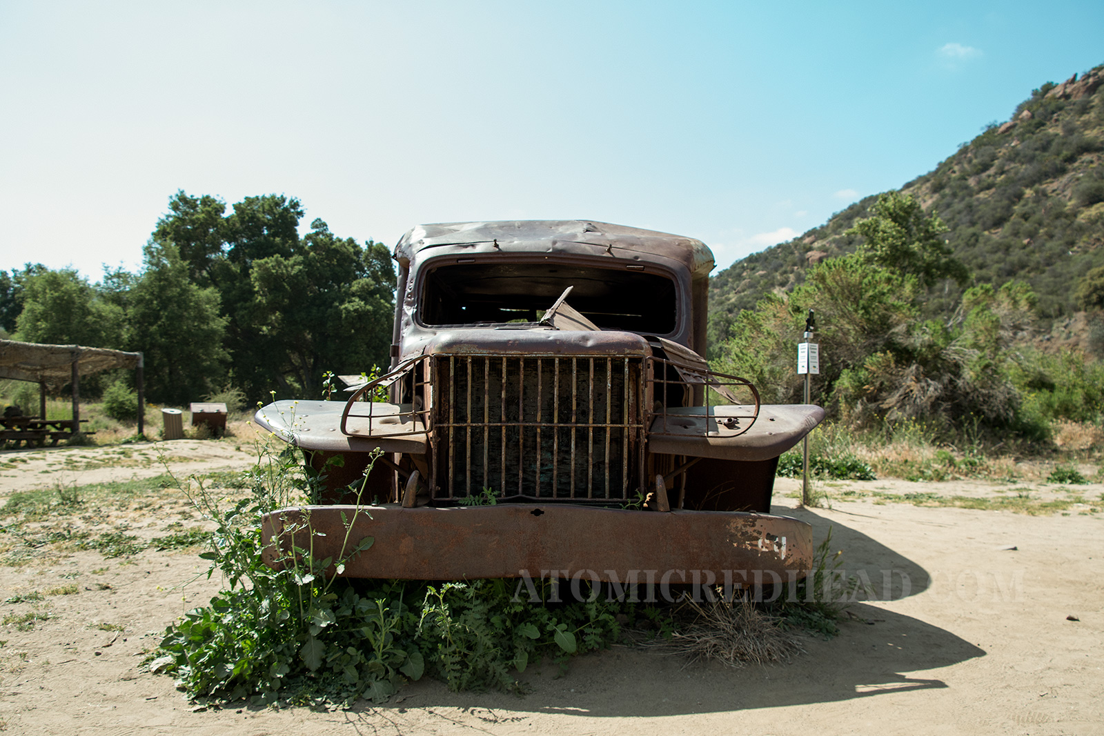 The front of a rusted out old ambulance used in the show.