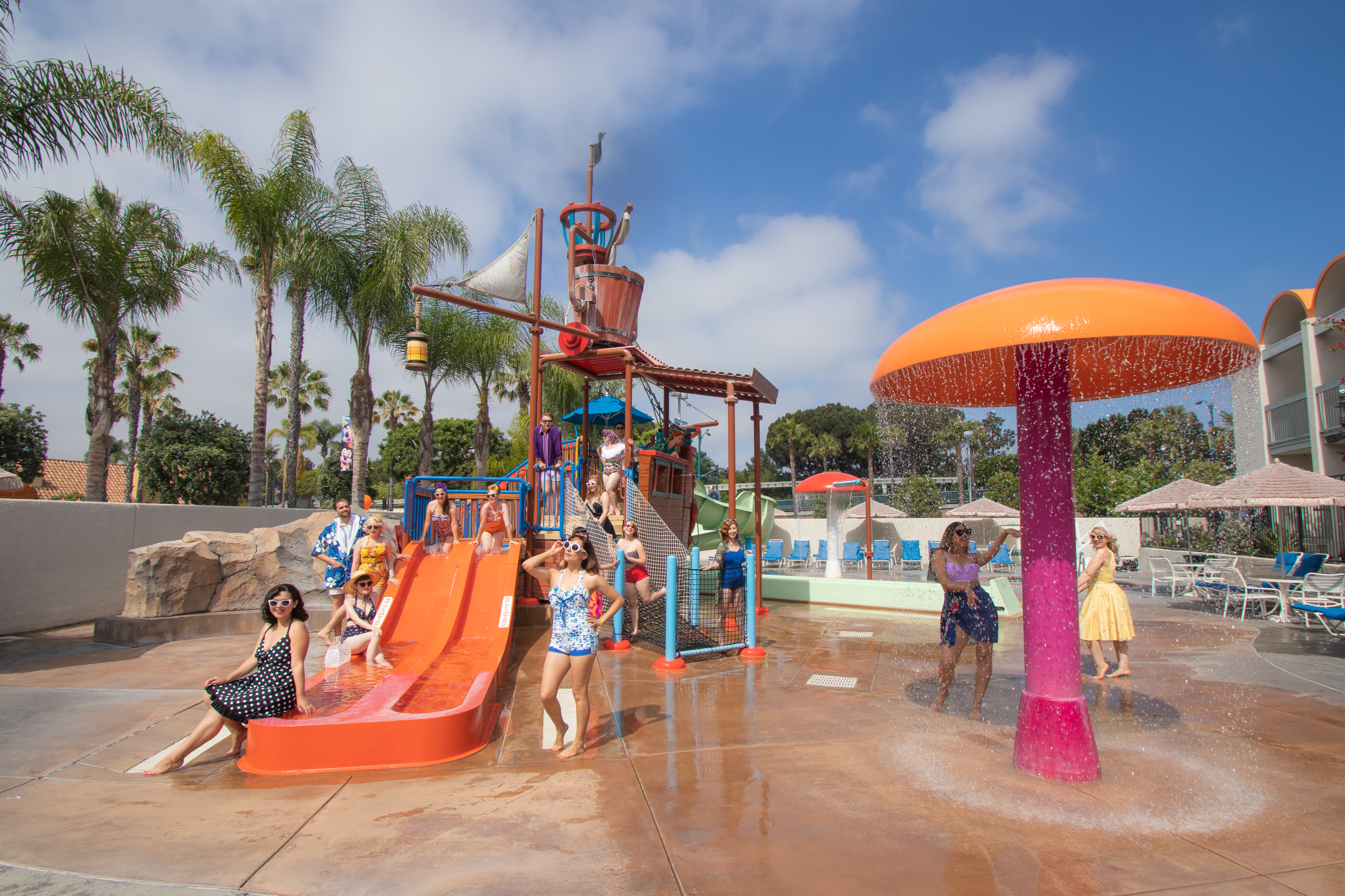 The kiddy pirate themed water park at the HoJo, a large group of us enjoying the park in vintage swimwear
