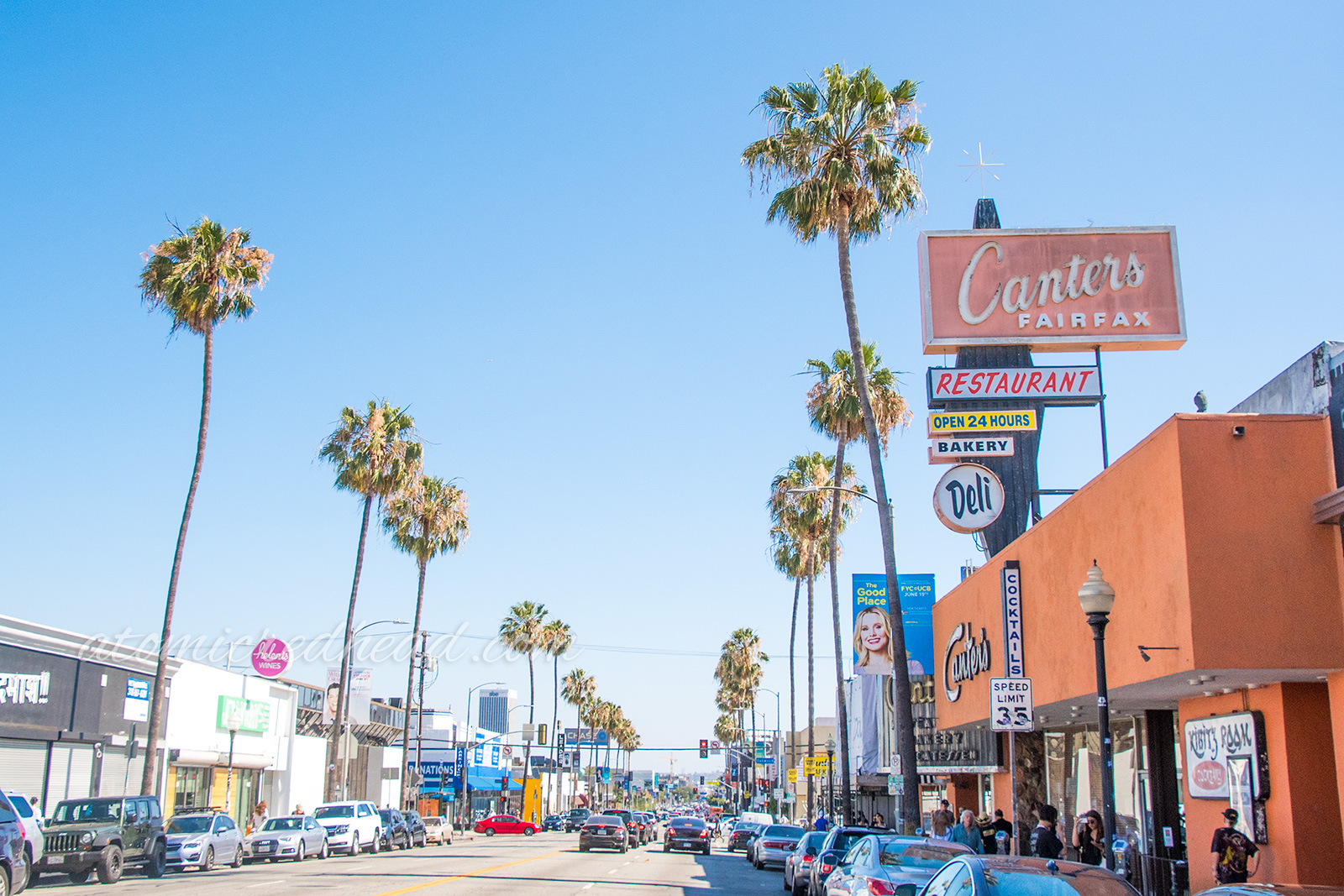 Canter's on Fairfax, tall palm trees line the street, Canter's rooftop sign juts from the top, a black diamond shape extends upwards with a large red rectangle reading "Canter's" a circular sign below reads "Deli"