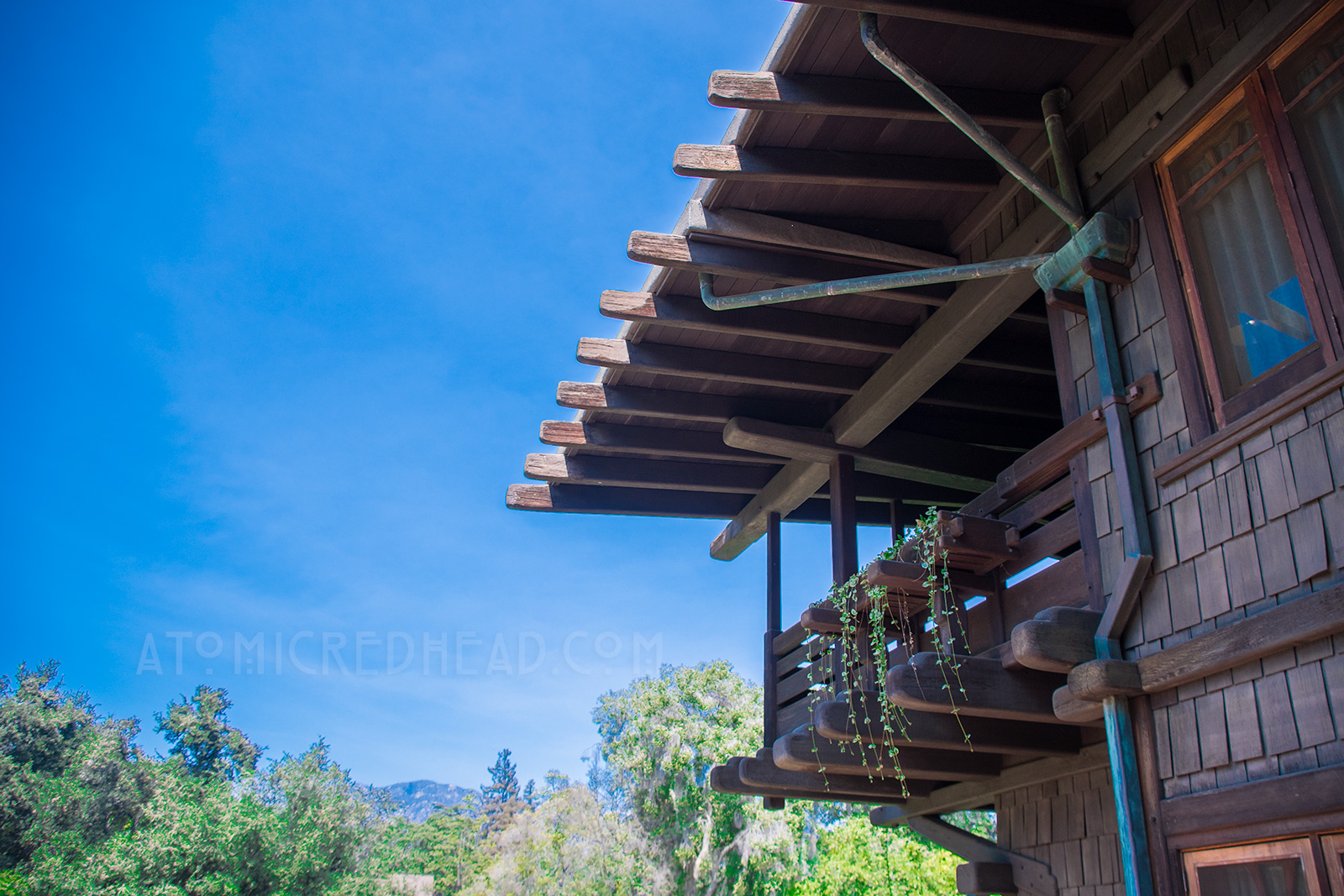 One of the sleeping porches of the Gamble House, which features planer boxes and plants that hang down.