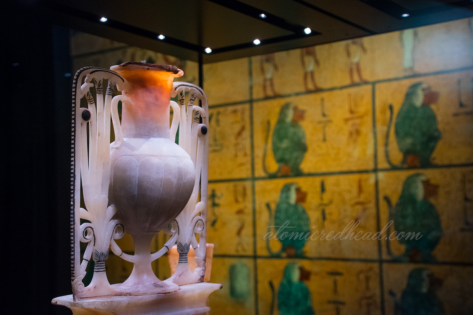 A carved goblet featuring lotus flowers.