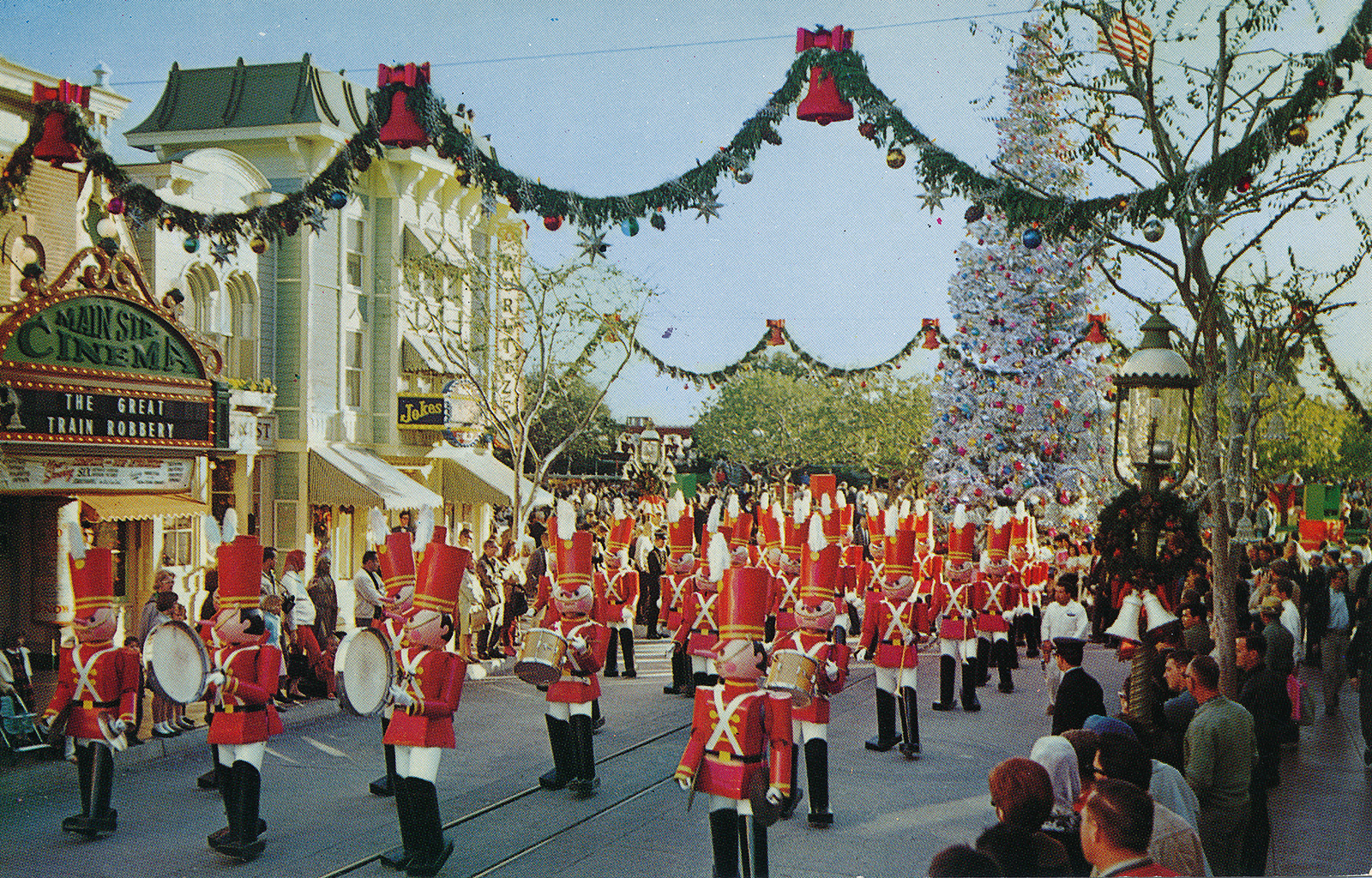 Christmas parade at Disneyland, with toy soldiers marching down Main Street.