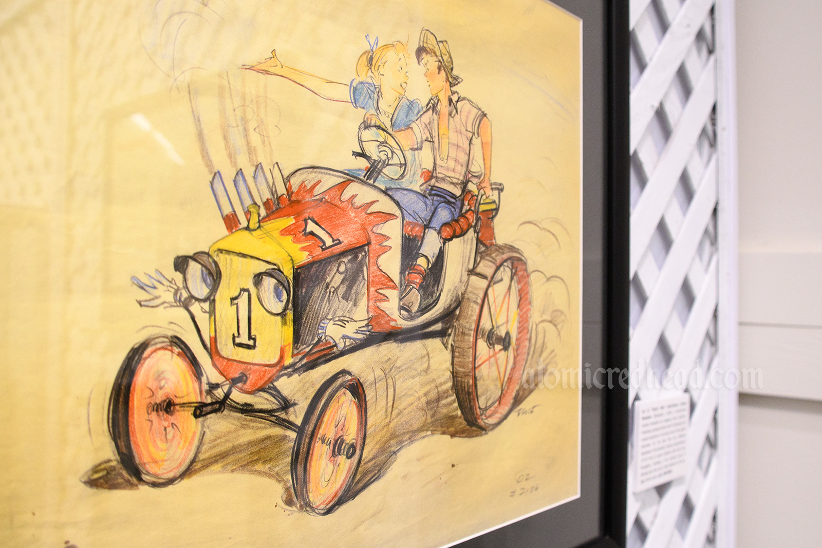 Concept art for "Tractor Ride" an attraction that never was. Illustration features a hot rod and a couple arguing in the car.