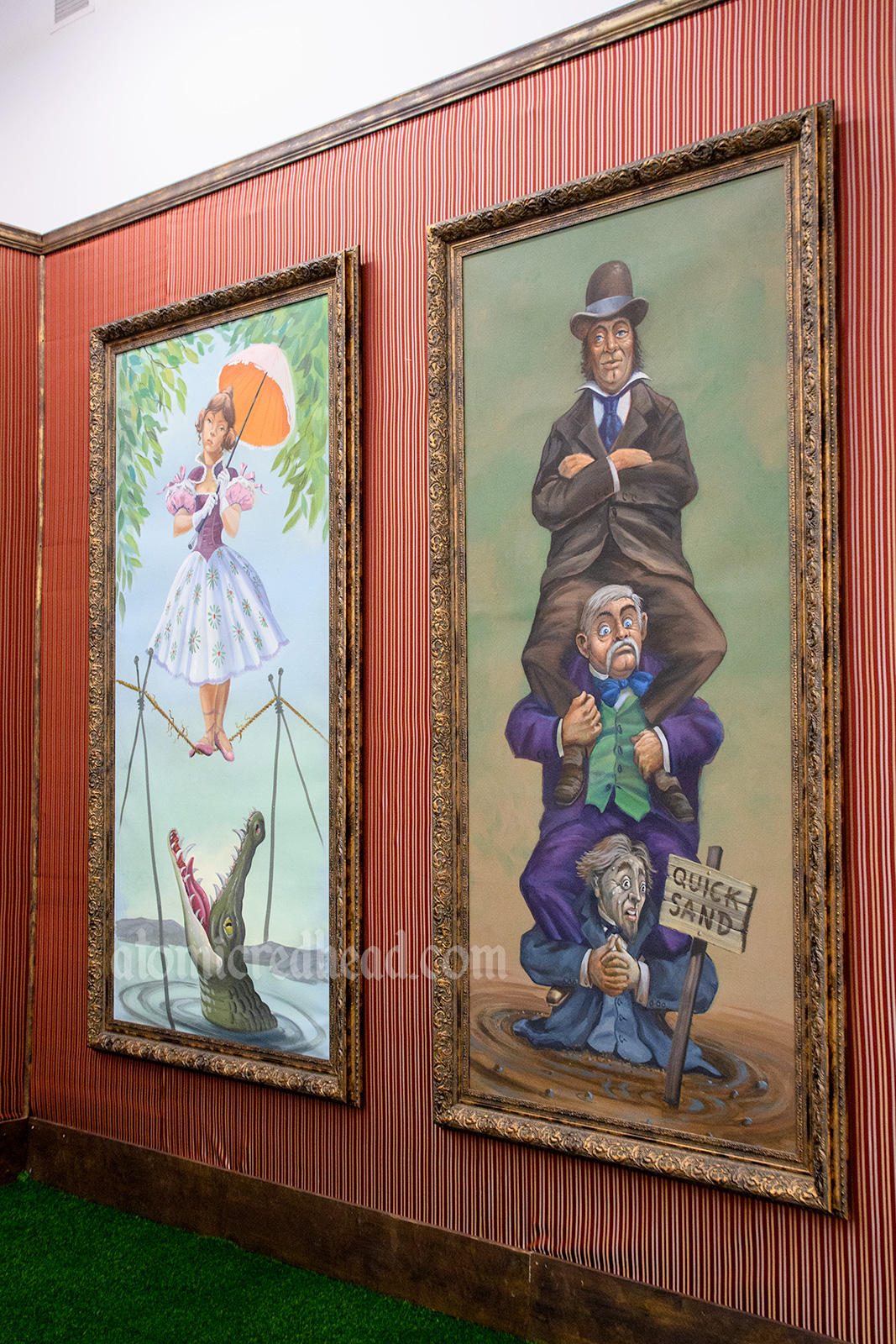 Original stretching paintings from the Haunted Mansion - a tightrope walker above a hungry gator, and three men on each other's shoulders, the last in quick sand.
