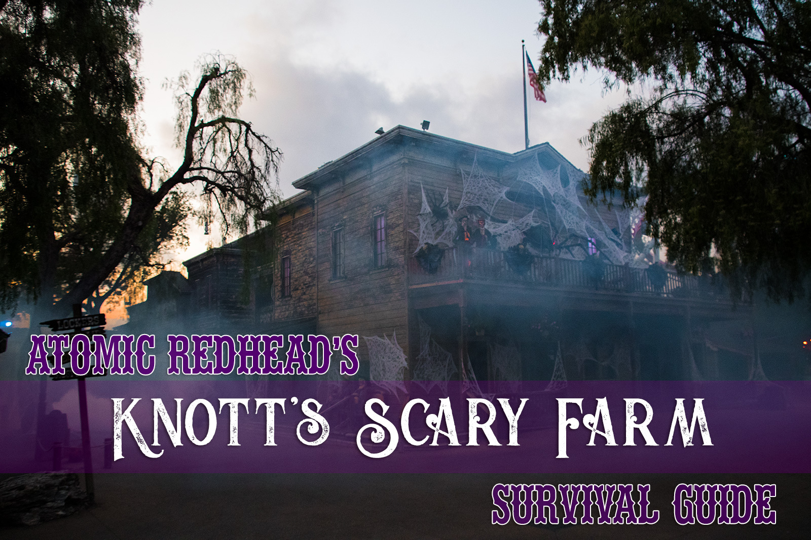 Atomic Redhead's Knott's Scary Farm Survival Guide - An old west hotel covered in cobwebs. Two skeletons in western attire stand on the balcony.