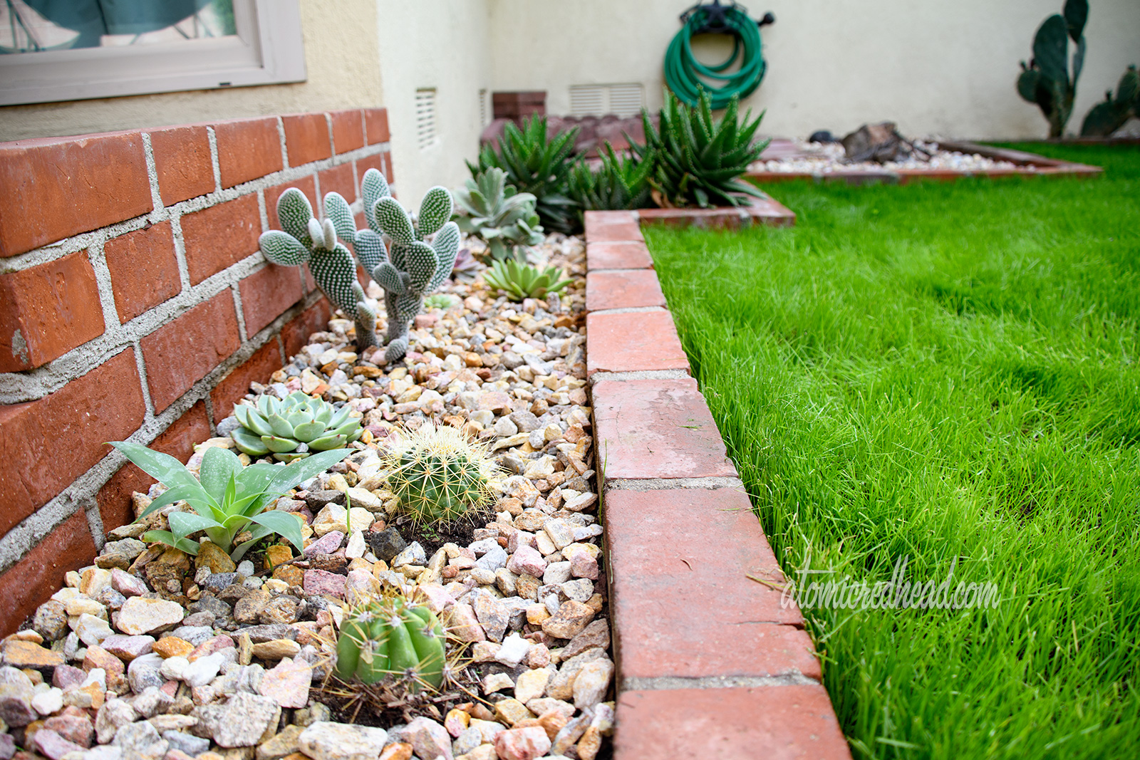 A brick planter edges the house, with various cacti and succulents, surrounded by tan and pink rock.