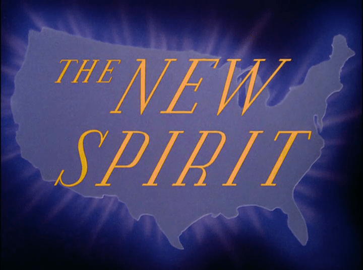 A blue silhouette of the United States features gold text across it reading "The New Spirit"