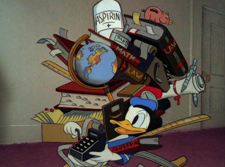 Donald and his arsenal to do his taxes: A range of books (including two law books, a math book, and an algebra book), yardstick, globe, a bottle of paste, a bottle of aspirin, a box of files, two adding machines, a compass, and his piggy bank.