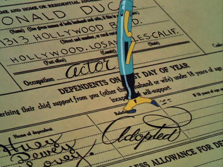 The pen fills in Donald's nephews, Huey, Dewey, and Louey as "Adopted"