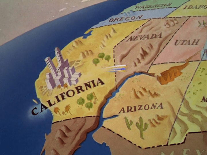 A map of the western half of the US, and a white and blue blur that is Donald Duck rushes eastward.