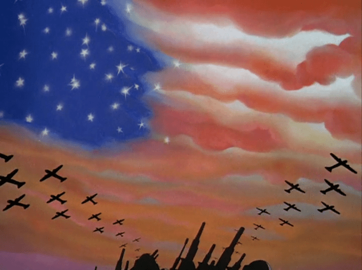 Guns and tanks sit on the bottom of the image, with planes flying overhead with the sky in a sunset with the stars peaking out, giving the illusion of the American flag.