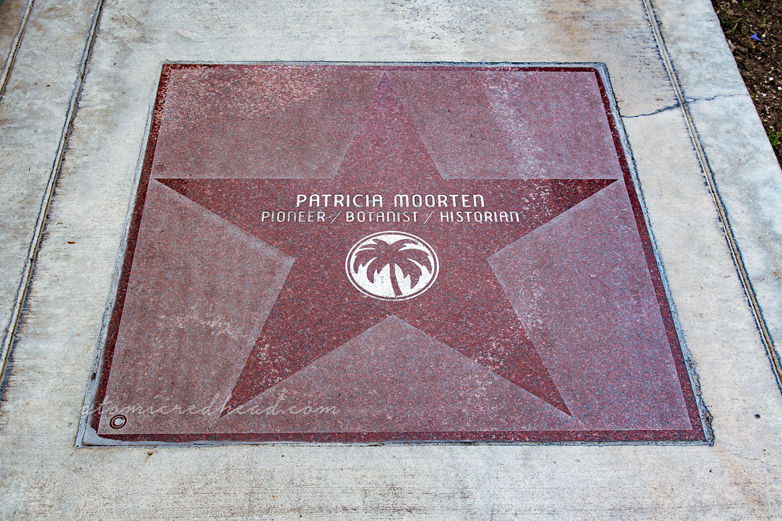 A large dark red star reads "Patricia Moorten Pioneer/Botanist/Historian"