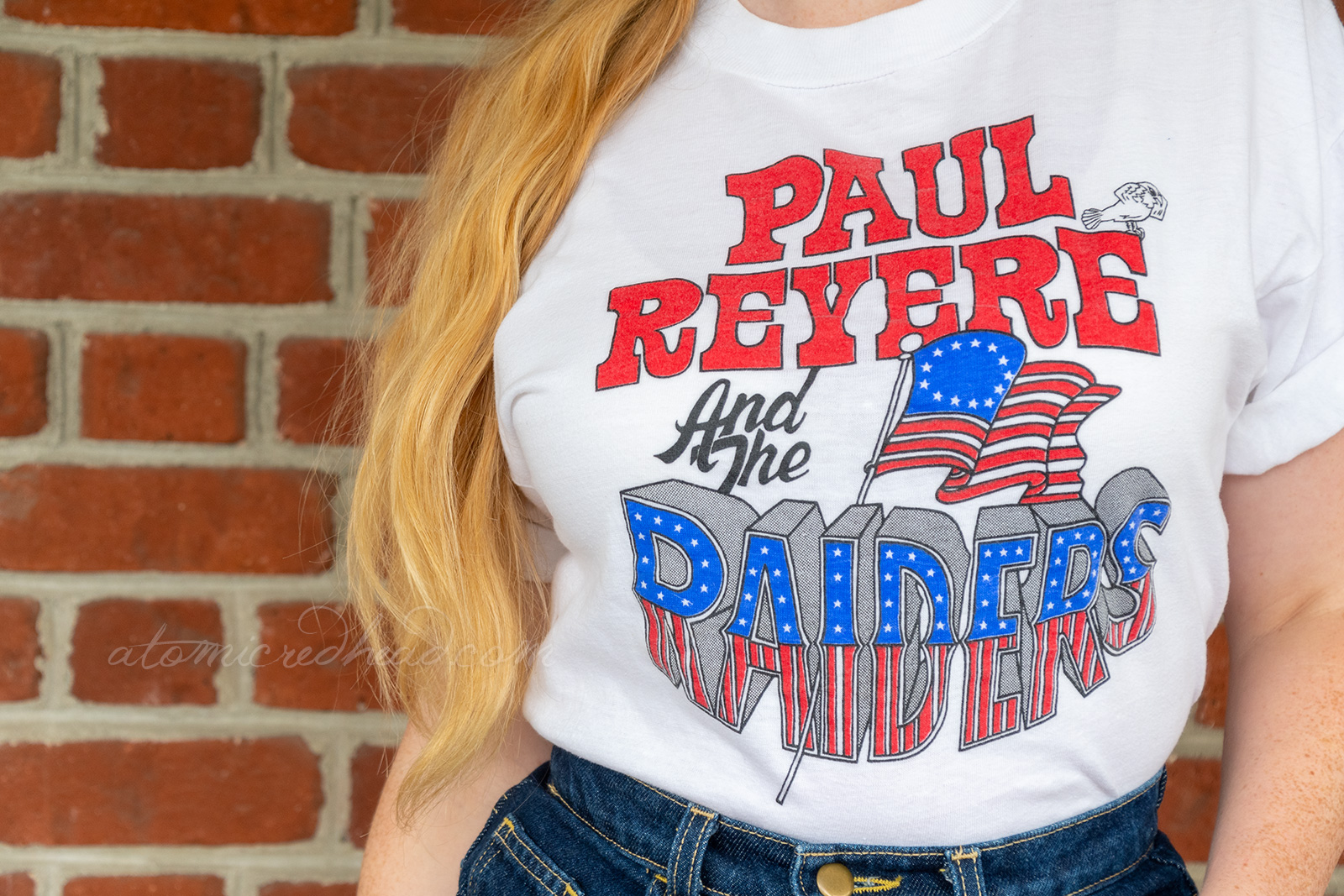 Close-up of my t-shirt. Red letters read "Paul Revere" with black letters reading "and the" and then text emulating the flag reads "Raiders" the original version of the American flag juts from the "Raiders" portion. A small bird sits on the E of "Revere" and plugs his ears.