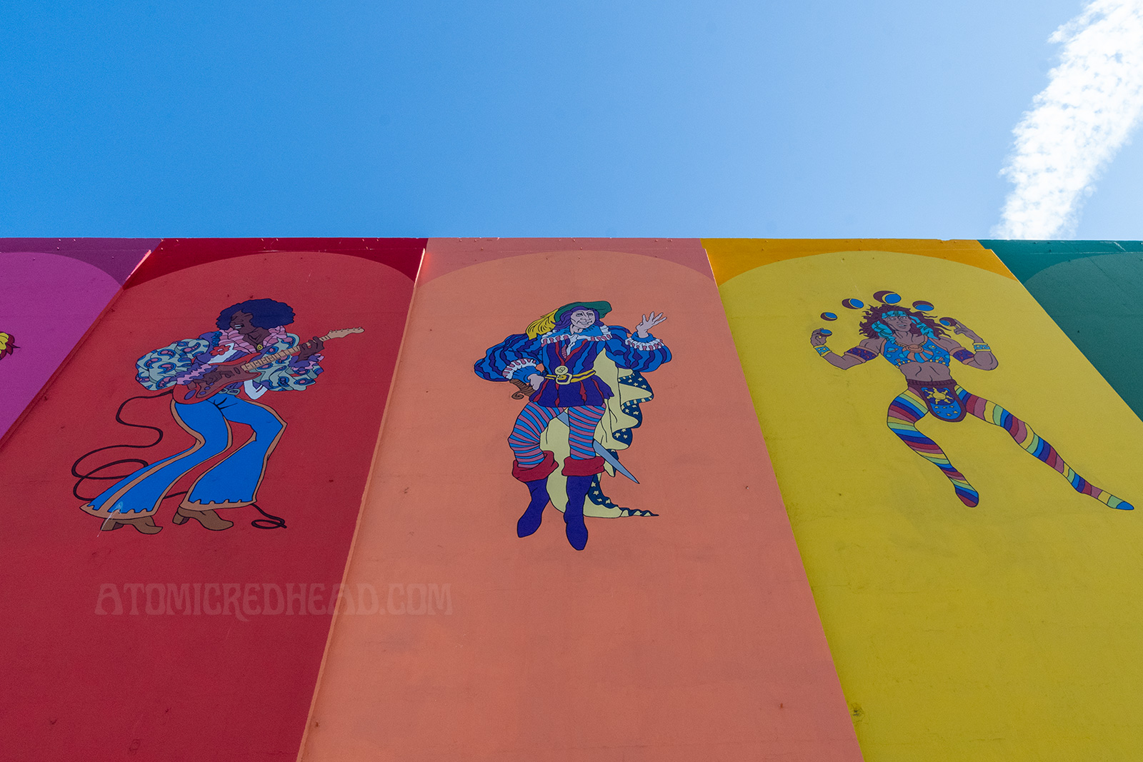 Psychedelic caricatures of a musician, prince like man, and juggler. 