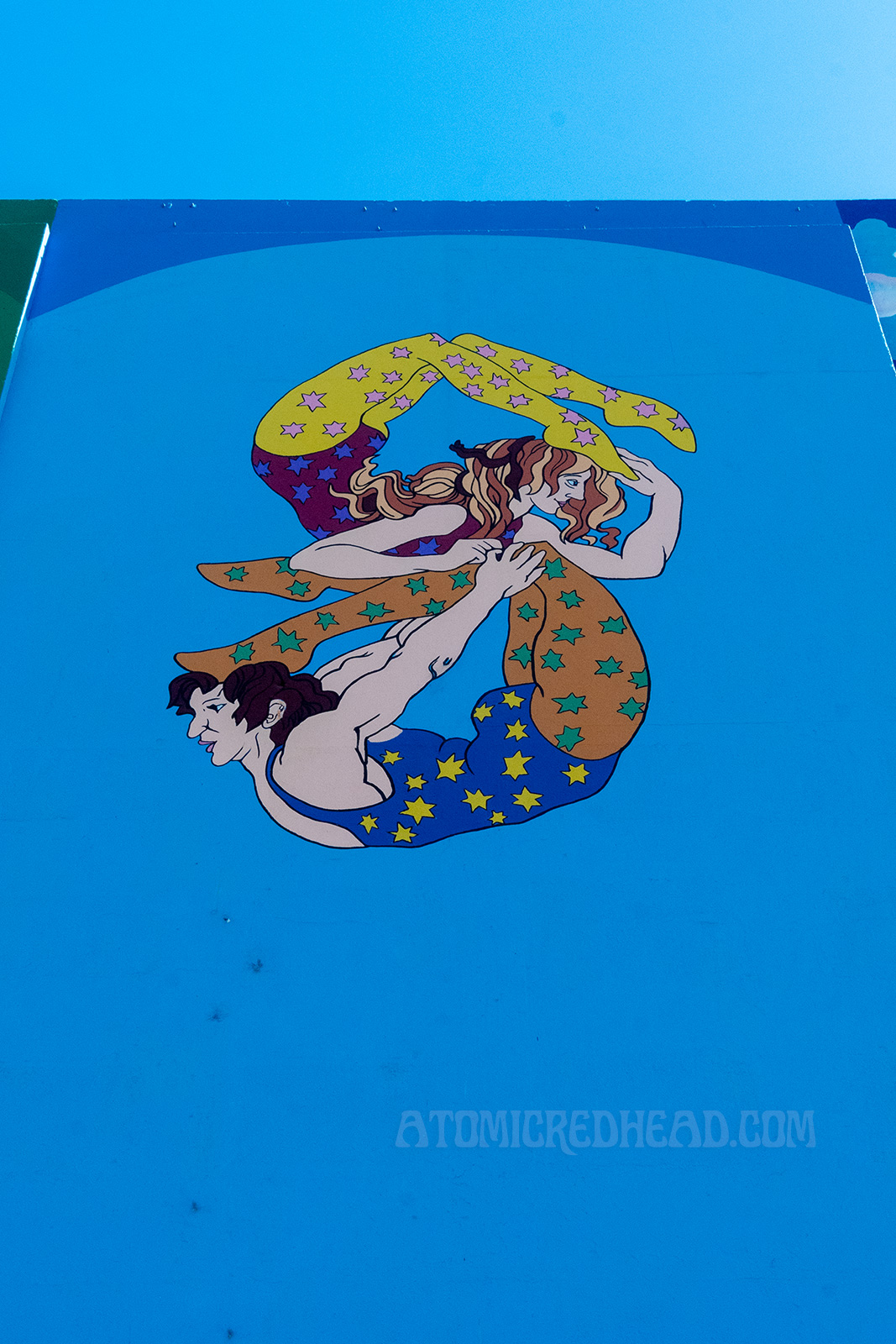 A male and female acrobat in costumes featuring stars.