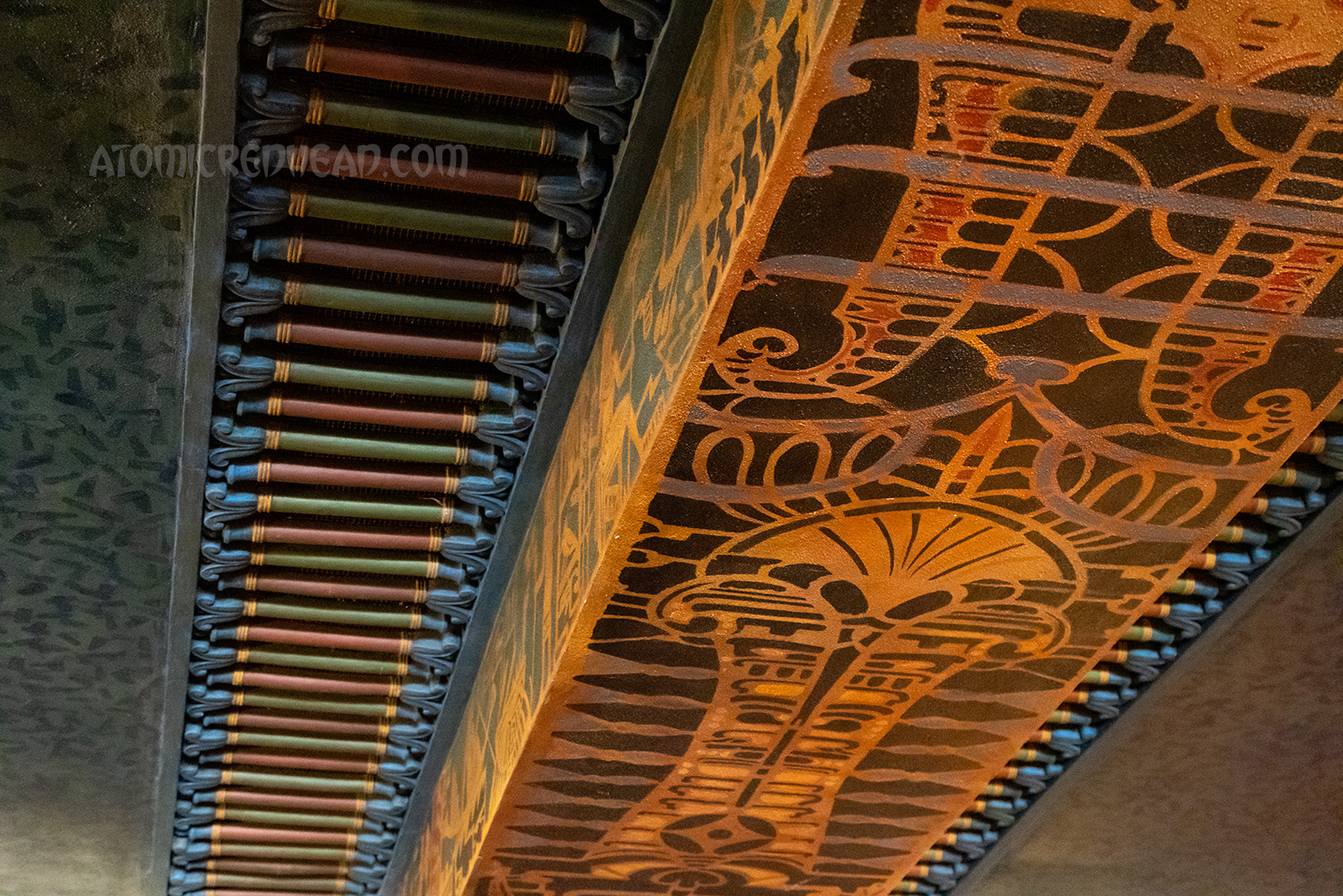 The ceiling of the lobby, which features intricate hieroglyphs. 