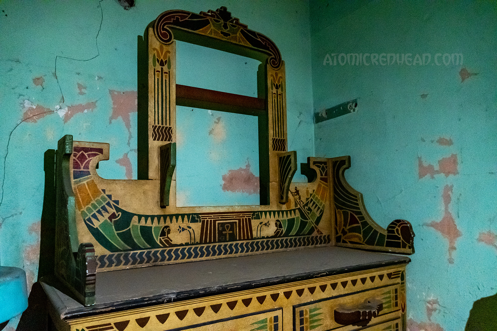 Close up of the vanity, with its Egyptian design work.