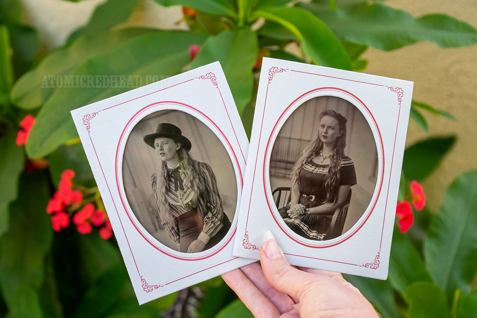 My tintype portraits. One of me in western attire, the other of my in a patio dress.