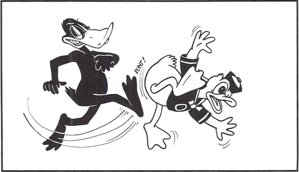 An illustration of a Daffy Duck looking character kicking Donald Duck's butt.