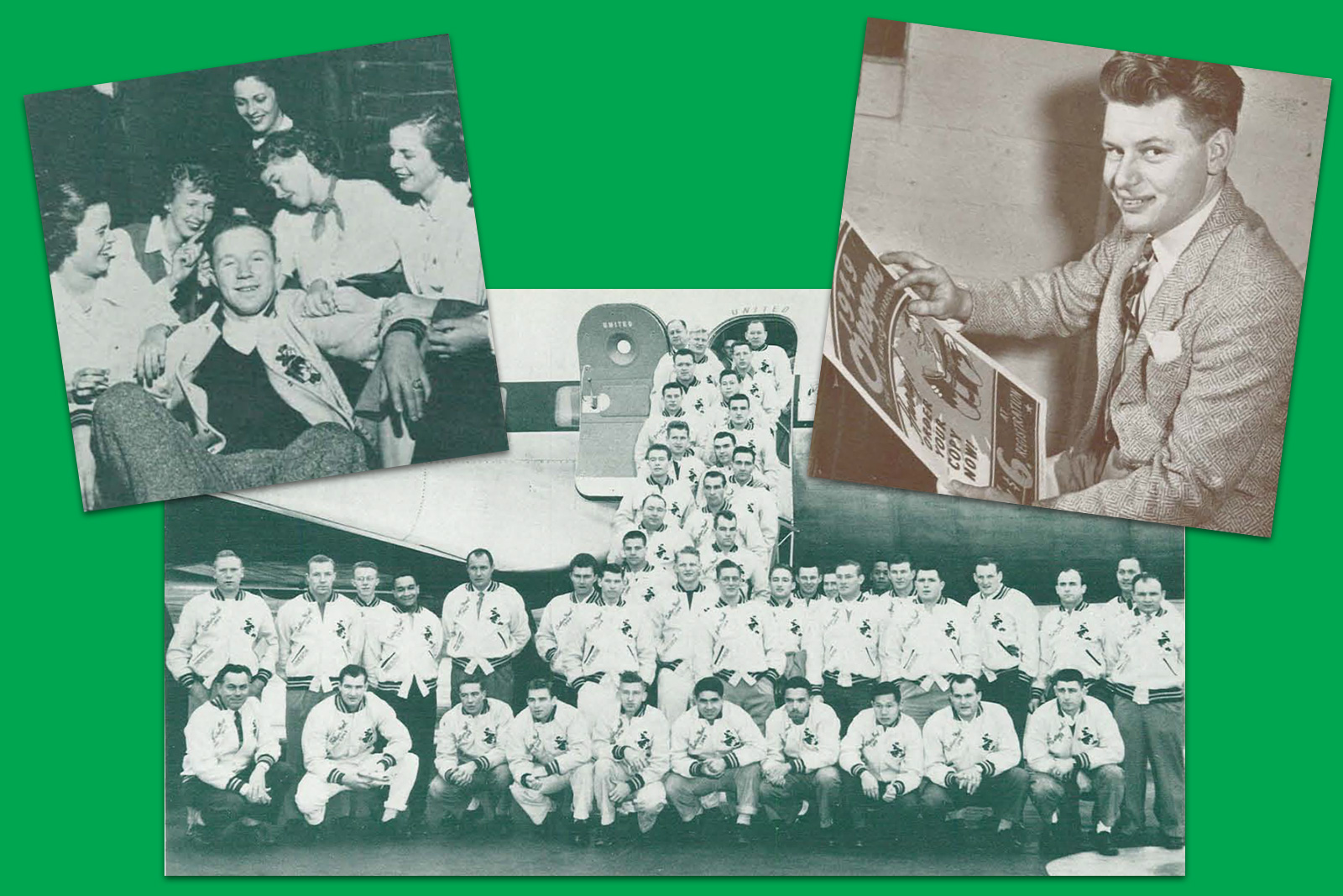 Collage of three images. One is of a male student wearing a jacket with a Donald patch on it, another is of the football team all wearing the same jackets, and another is over a male student with a poster featuring Donald.