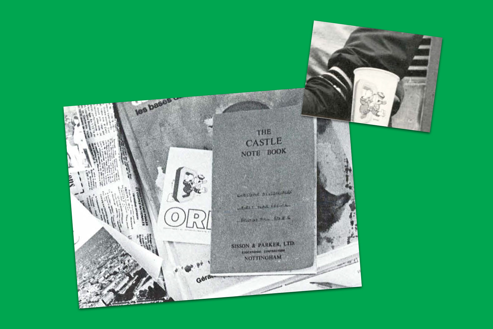 Collage of two photos, one features Donald on a piece of paper the other features Donald on a paper cup.