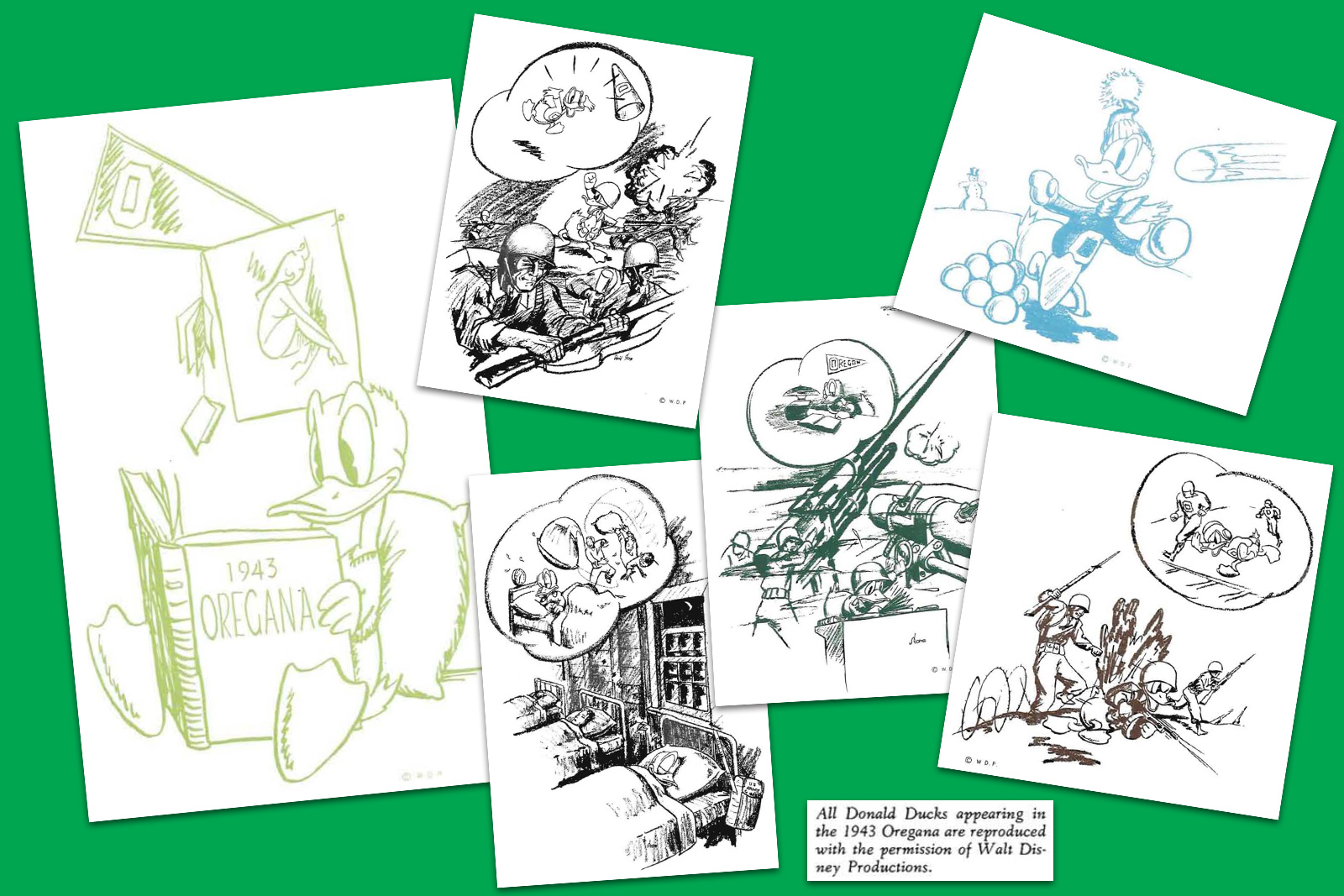 Collage of 7 images of Donald Duck, one of him reading the yearbook, another of him fighting in a snowball fight, one of him reading a book about a cannon in the middle of the war zone, while dreaming of studying at school, another features him leading the charge, while dreaming of rallying the team in a school sweater, another of him running with a machine gun, and dreaming of running with a football, and another of him laying in an army bed dreaming of a pillow fight at school.