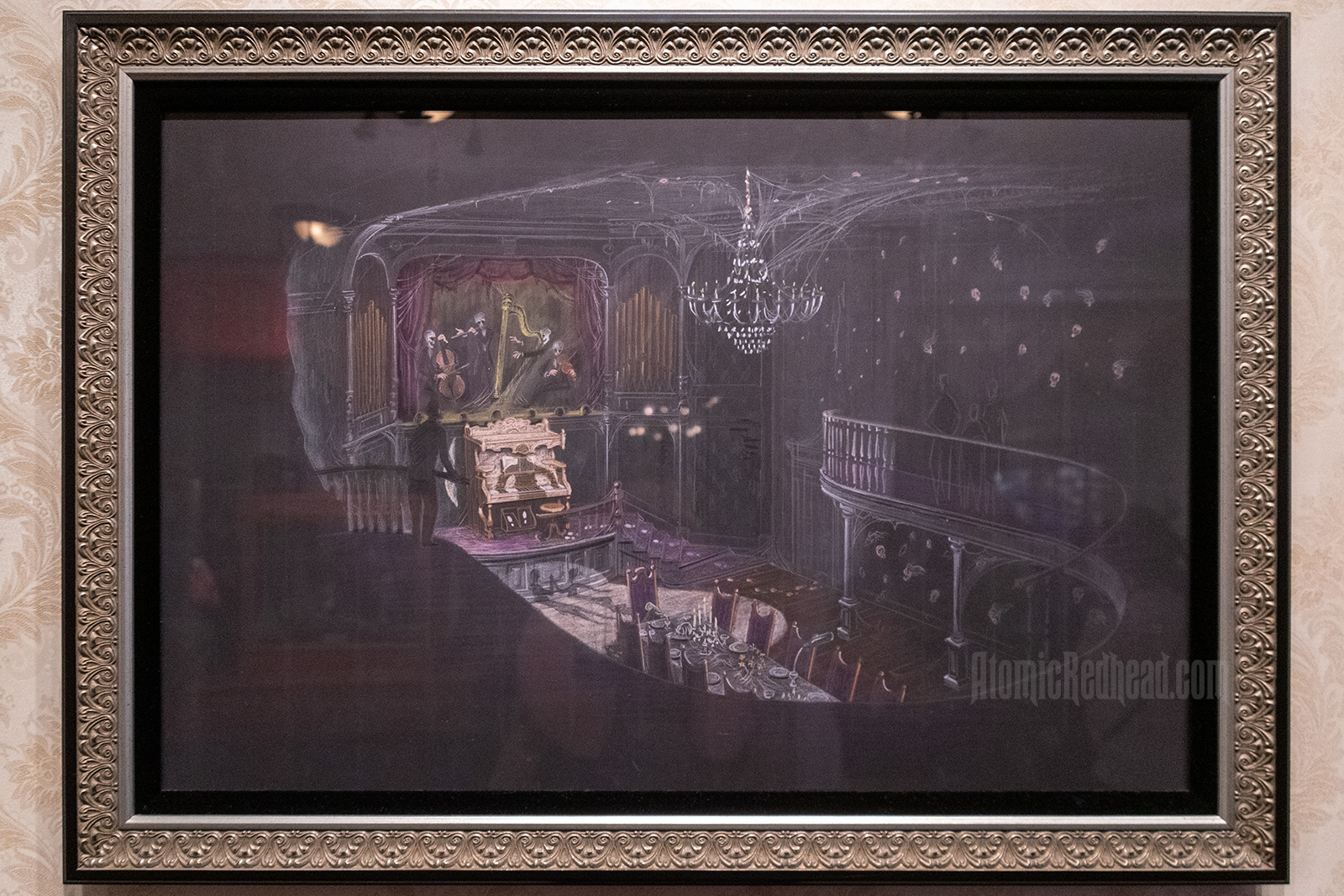 An illustration of a grand ballroom with a pipe organ being played by a shadow, a band with instruments played by skeletons, and many floating skulls about.