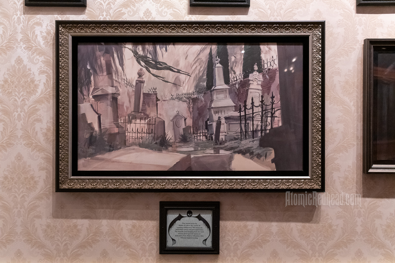 An illustration of a New Orleans style graveyard with looming tombstones and above ground crypts.