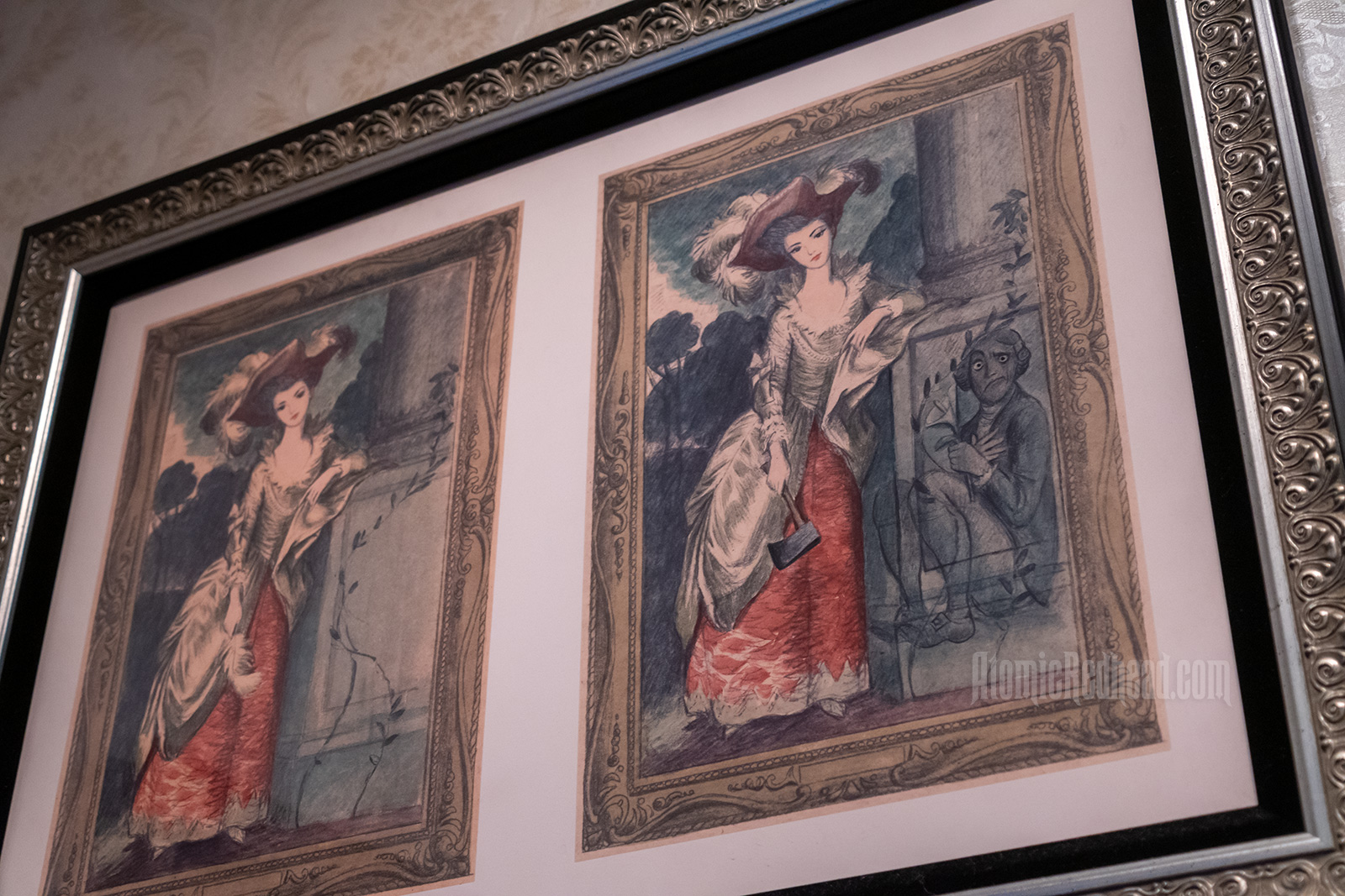 Two side by side illustrations that are similar but with minor yet ghastly changes. On the left a well dressed woman in 1770s attire leans on a pillar with a feather in her hand, in the other portrait a man is shown sitting within the pillar and the feather is now an axe.