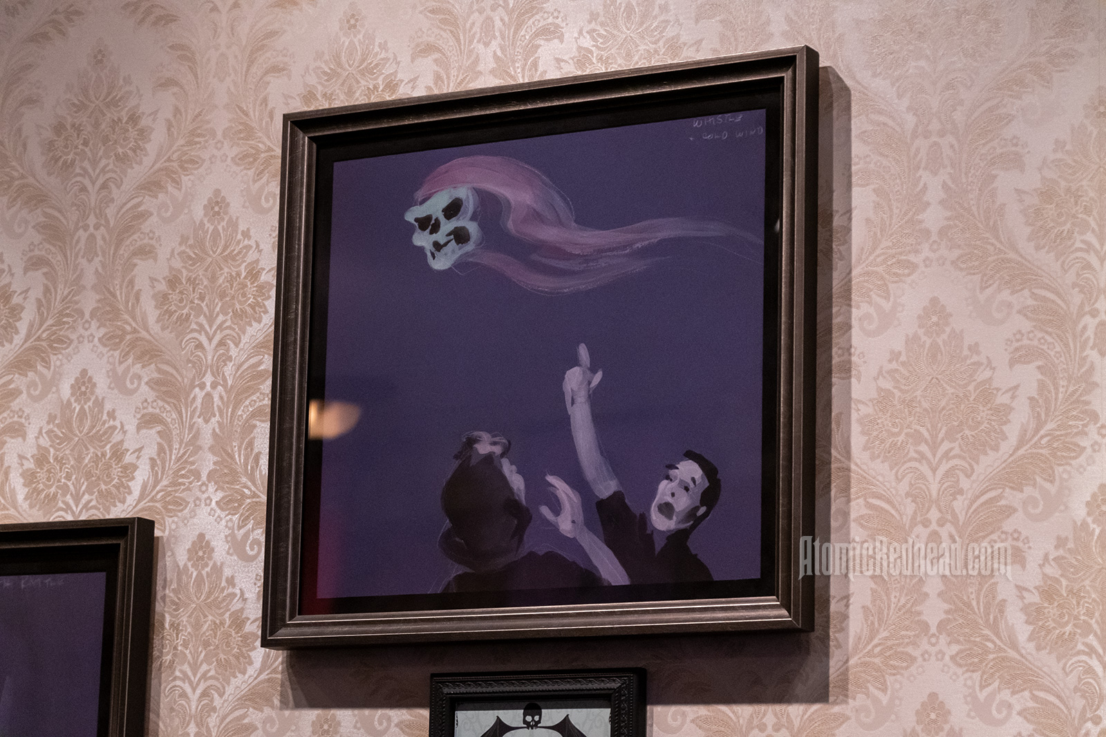 An illustration of a man pointing to a floating skull, a woman looks on with her hand near her face.