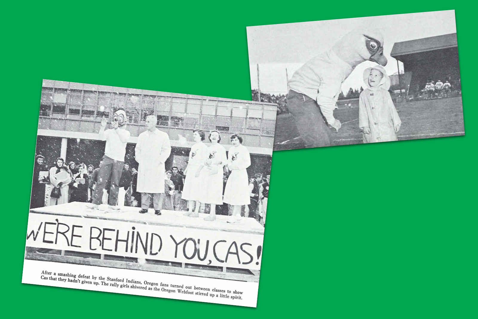 Collage of two images, one of a human with a duck head mask leaning toward a little girl, the other is of a more cartoon version of a duck mask on a human who stands in front of a crowd.