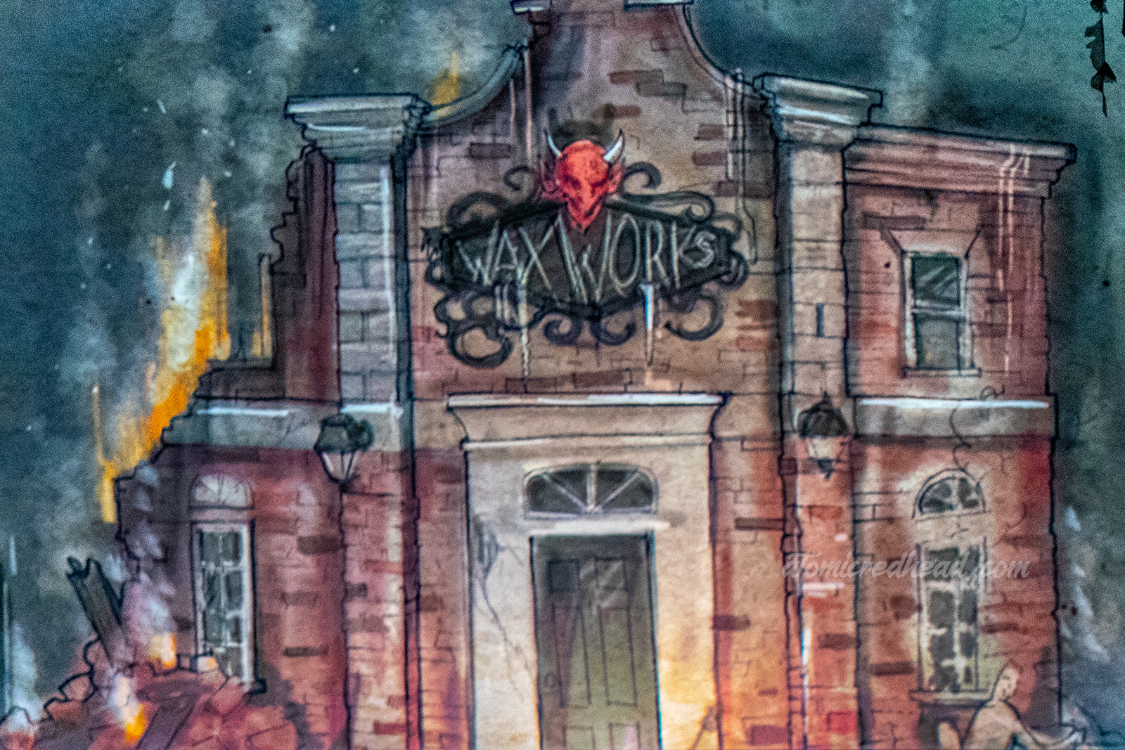 Concept art for the new maze, Wax Works, which is a rundown brick building and a sign reading "Wax Works" hangs above the door, with a devil head atop the sign.