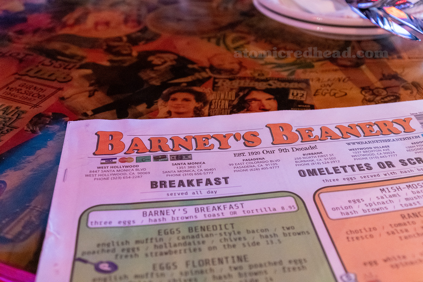 The menu at Barney's.