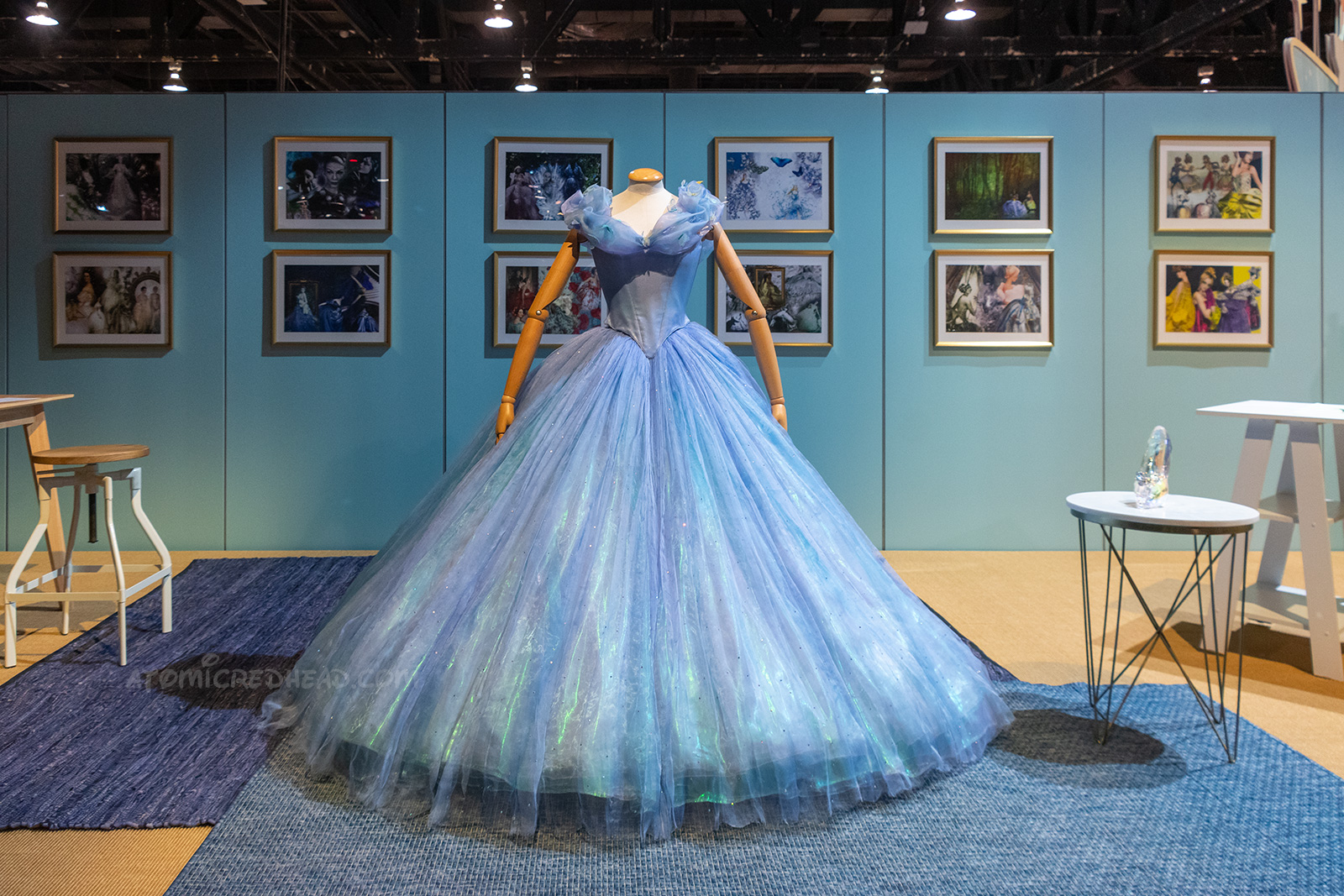 Cinderella's gown from the later theatrical live action version of Cinderella. The gown is blue and very full, and features butterflies along the neckline.
