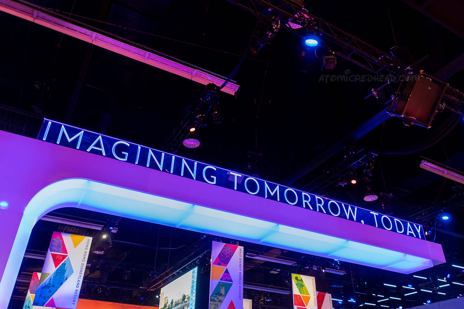 The sign for the Disney Parks area, which reads Imagining Tomorrow, Today