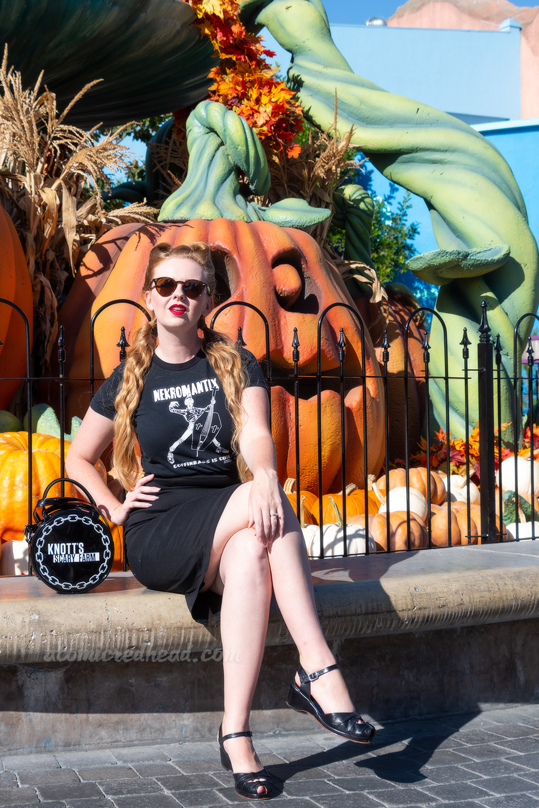 Myself, wearing a black t-shirt with a zombie playing an upright bass shaped like a coffin, and text reading "Nekromatix Coffinbass is Cool" and a black pencil skirt, seated in front of a fountain filled with massive jack o'lanterns.