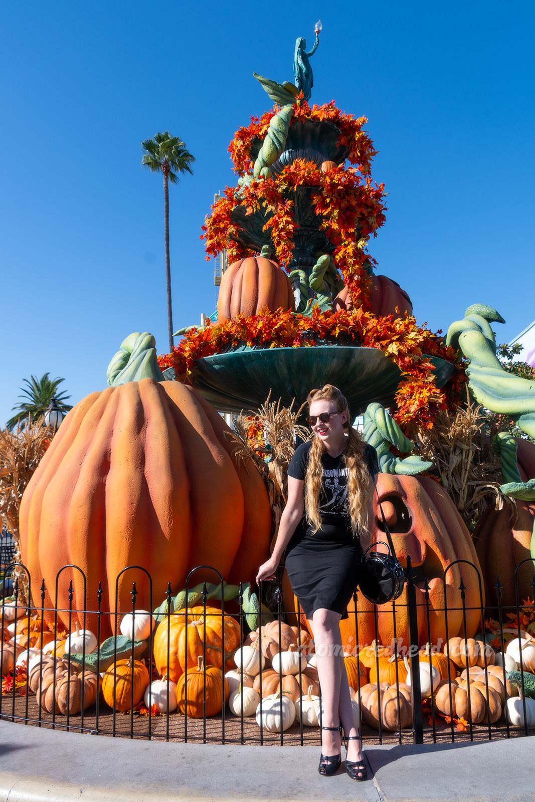 Myself, wearing a black t-shirt with a zombie playing an upright bass shaped like a coffin, and text reading "Nekromatix Coffinbass is Cool" and a black pencil skirt, standing in front of a fountain filled with massive jack o'lanterns.