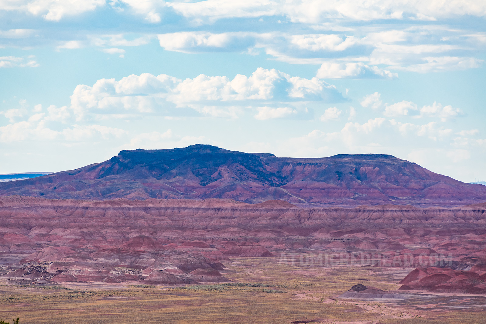 A mesa of the Painted Desert that has many colored lines running across it, of dark purple, magenta, pinks and browns.