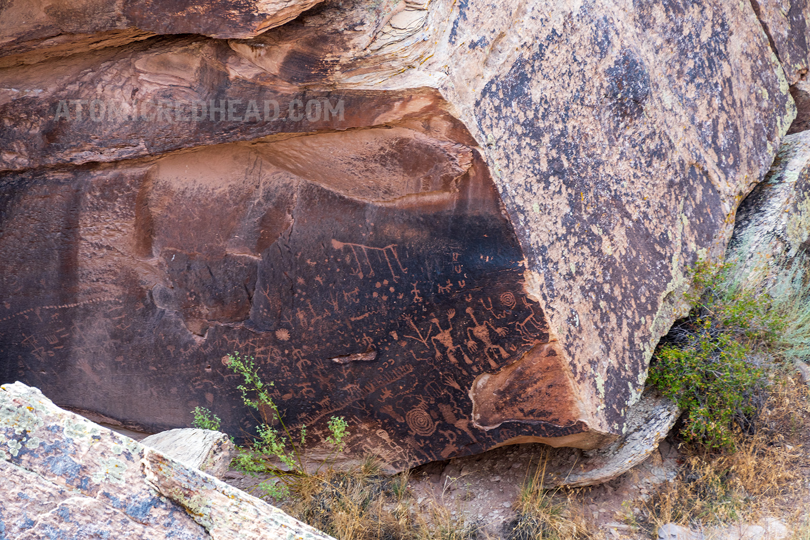 Petroglyphs made by Native Americans, including crude human figures, swirls, a horse like creature, and zig-zag designs.