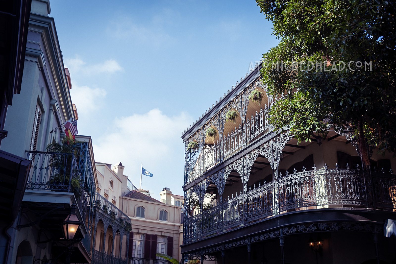 Swirling wrought iron balconies along the streets of New Orleans Square.